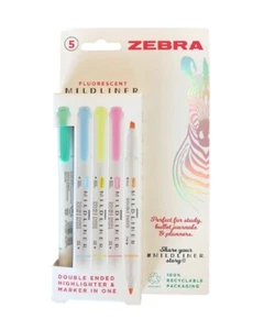 Zebra Mildliner Double Ended Brush/Marker Pens -Pack of 5 - Fluorescent Colours - Picture 1 of 2