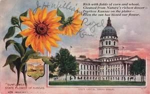 KANSAS KS VINTAGE STATE CAPITOL AND FLOWER SUNFLOWER c1910 POSTCARD 041525 U - Bild 1 von 2