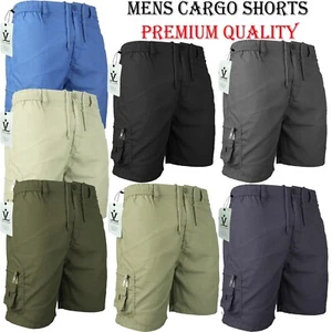 Mens Cargo Shorts Combat Multi Pocket Elasticated Waist Plain Lightweight Shorts - Picture 1 of 14