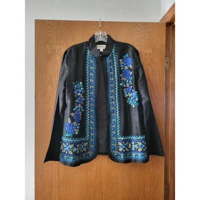 Chaqueta Norm Thompson 100 % seda ligera negra azul crema floral bordada en excelente estado M Foto 1 de 4