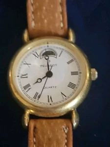 Women Peugeot Moon Phase Watch Gold Case Brown Leather Band Roman Indexes White - Picture 1 of 4