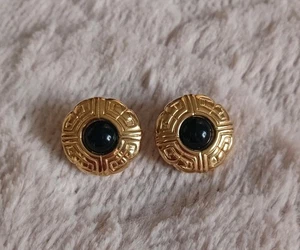 Vintage GIVENCHY Gold Tone Clip On Greek Key Earrings w Faux Black Onyx Cabochon - Picture 1 of 8