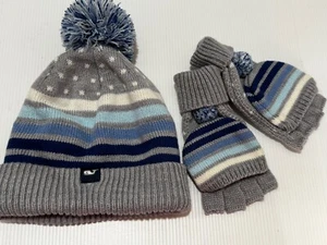 NEW VINEYARD VINES Hat & Gloves Set Knit GIRLS 2 Pc Winter Blue Gray Stripe - Picture 1 of 6