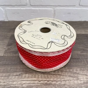 VTG 40 yds Spool Roll Red Ribbon Lion Scalloped Lace Edge Valentine Day Kitsch - Picture 1 of 9