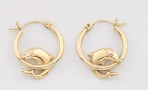 14k Solid Yellow Gold Dolphin Hoop Earrings 1" No Scrap 1.5 grams - Picture 1 of 8