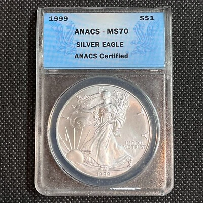 American Silver Eagle Anacs MS70 1999 $1 etiqueta azul fecha más rara #256 Foto 1 de 4