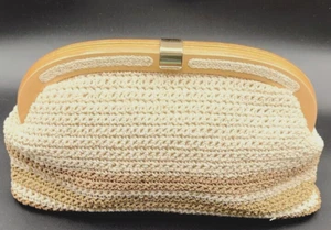 Vintage Purse Boho Straw Clutch Bag Japan Tan Brown Metal Clasp Wood Travel - Picture 1 of 12