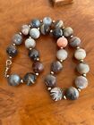 Vintage Necklace Grey Lace Banded Agate Beads Length 20 Inches