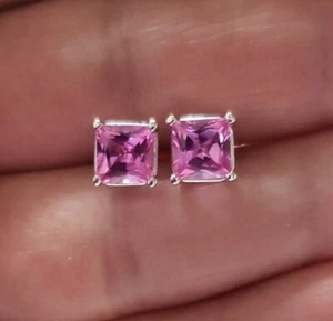 October Birthstone Jewelry For Her 5mm Princess Simulated Pink Sapphire Stud - Picture 1 of 5