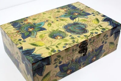 Caixa de lembrança de madeira feita à mão design de flores verdes azuis verde escuro forrado - Imagem 1 de 4