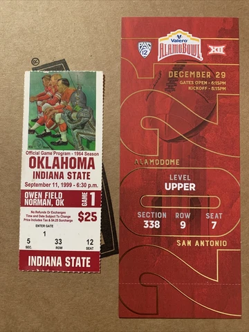 Oklahoma Sooners Ticket Stub 99 Indiana State 2021 Alamo Bowl Stoops 1st/last Cover