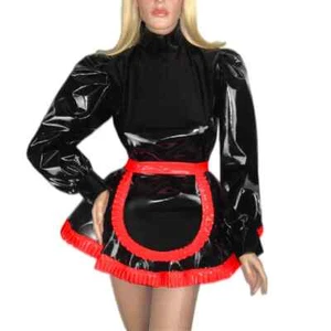 Women Adult Sexy Cross Dress Sissy Costume Black Shiny PVC Maid Dress S-7XL - Picture 1 of 10