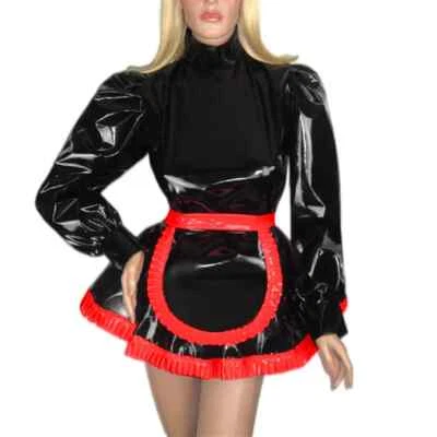 Women Adult Sexy Cross Dress Sissy Costume Black Shiny PVC Maid Dress  S-7XL - Image 1 of 4