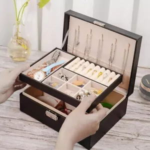 2 Schichten Große Schmuckkästchen Leder Aufbewahrungsbox Ringe Halsketten Organizer - Bild 1 von 13