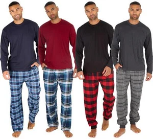 Mens Pyjama Set Adults Jersey & Flannel Cotton Blend Long Sleeve Lounge Pyjamas - Picture 1 of 25