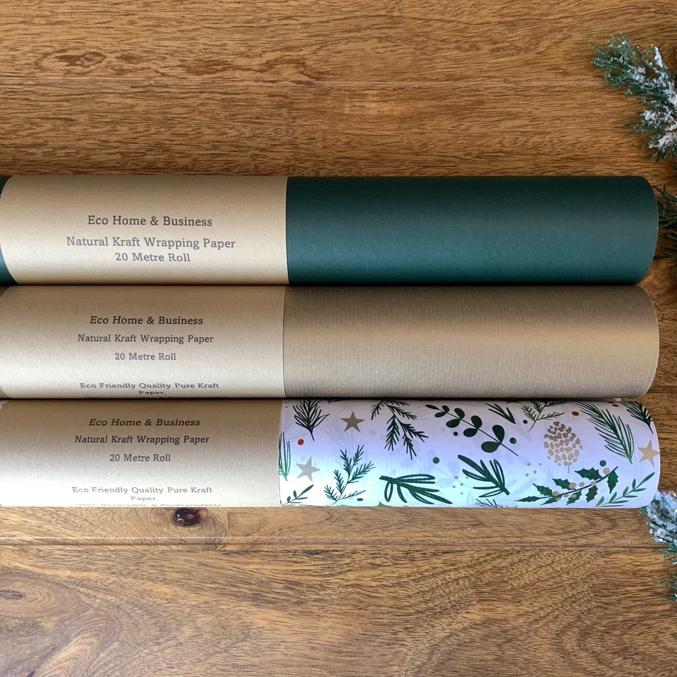 KRAFT Christmas Wrapping Paper Spruce Gold Green Eco Printed Sheets Roll - Image 1 of 1