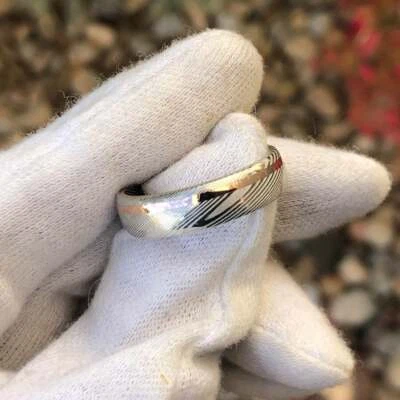 New 6mm White Damascus Steel Ring with 14k Solid Rose Gold Inlay - Image 1 of 4