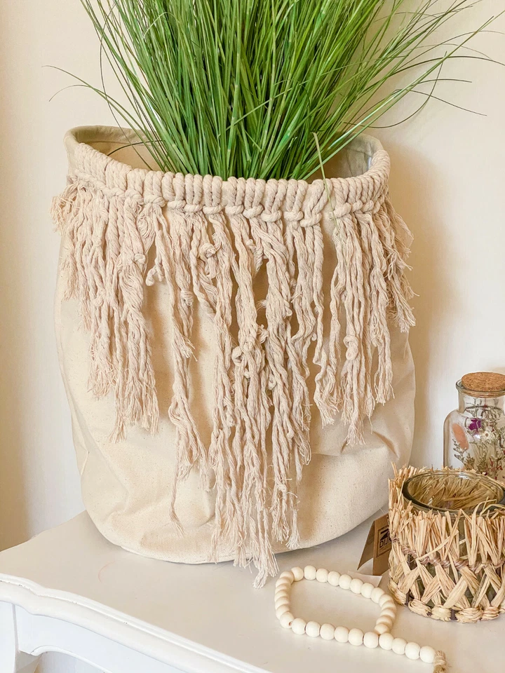 Korb mit Fransen BOHO Übertopf Aufbewahrung Wäschekorb Cremeweiß #2021549 - Bild 1 von 1