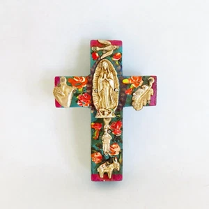 Milagros Wood Cross Painted Flowers Our Lady Milagro Handmade Mexican Folk Art - Picture 1 of 13