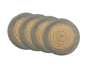 4 PCS Verona Woven Jute, Cotton Braided Placemats, 15 Inch Round, Grey Border - Picture 1 of 9