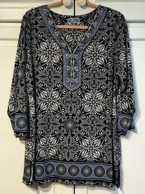 JM COLLECTION 3/4 Sleeve BLACK/WHITE Paisley Rhinestone Top Tunic Blouse 2XL - Image 1 of 4
