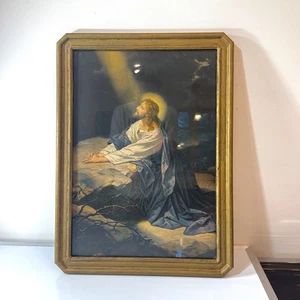 Antique 1940’s CHRIST PRAYING IN GETHSEMANE Framed Christian Catholic Icon Jesus - Picture 1 of 6