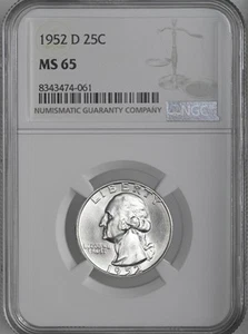 1952-D 25C WASHINGTON SILVER QUARTER "DENVER MINT" NGC MS65 #8343474-061 - Picture 1 of 4