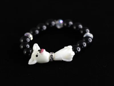 Dog Bracelet White Lampwork 6 inch Elastic Glass Beads Black Onyx and Crystal - Image 1 of 4