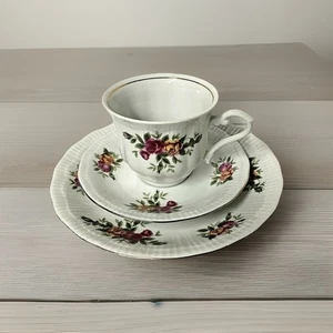 Walbrzych Pink & Yellow Roses Tea Cup Saucer & Bread Plate Poland 3Pcs Vintage - Picture 1 of 11