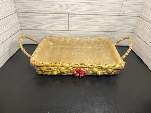 Handmade Flexible Woven Wicker Floral Rectangle Lined Basket w/ Handles Cover