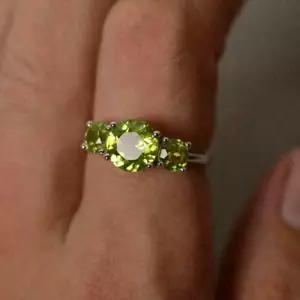 3.40Ct Round Cut Green Peridot Three Stone Engagement Ring 14K White Gold Finish - Picture 1 of 3