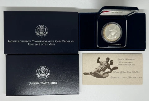 1997 Jackie Robinson 50th Anniversary Commemorative Proof Silver Dollar w/COA Cover