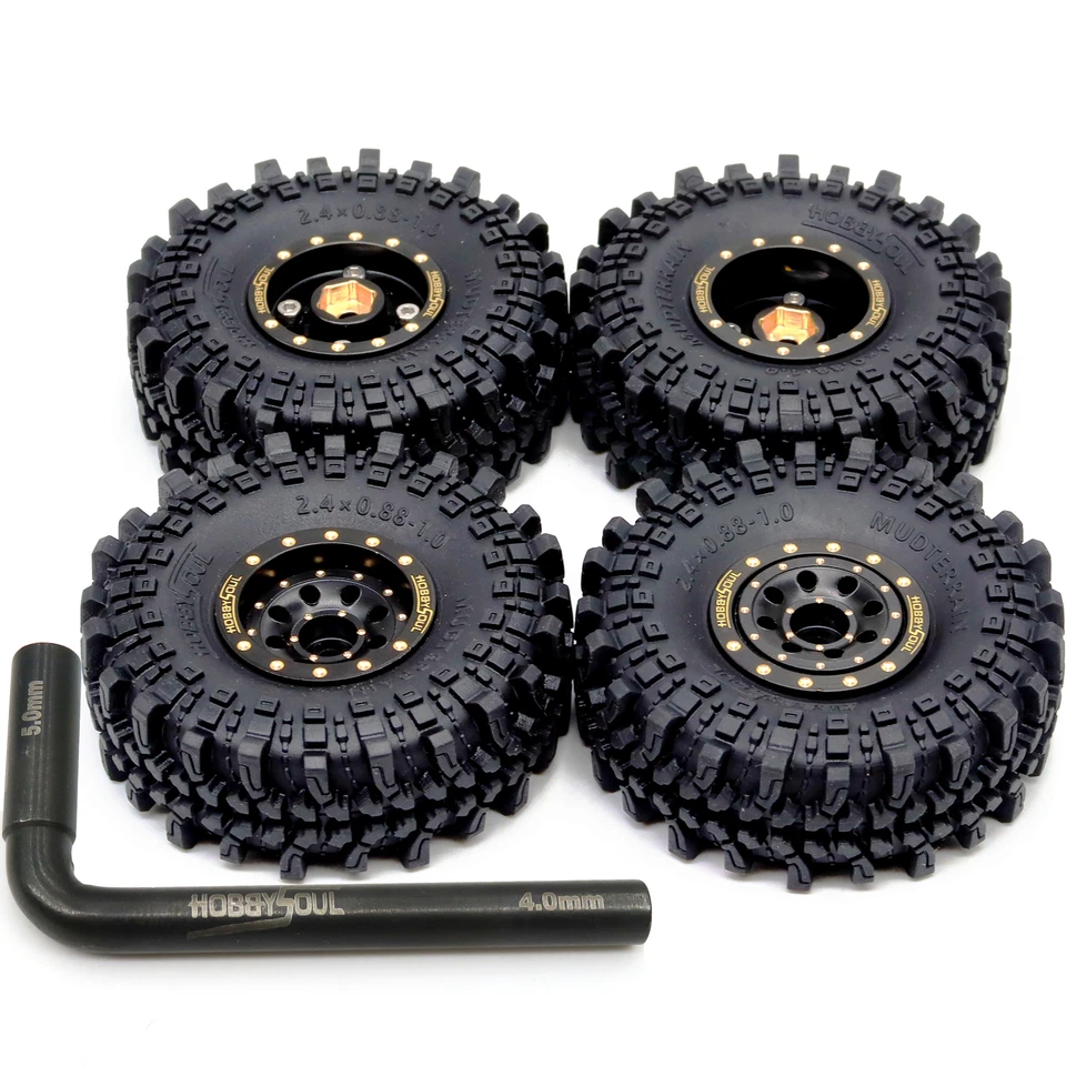 4x RC Brass 1.0 Beadlock Wheels tires Adjustable Offset For Scx24 TRX4M Crawler - Image 1 of 4
