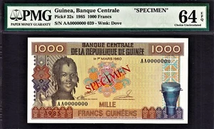 Guinea 1000 Francs 1985 SPECIMEN AA 0000000 Pick-32s Ch UNC PMG 64 EPQ - Picture 1 of 2