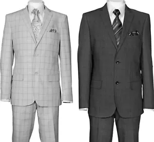 Herren 2 Knopf Wollgefühl Anzug Karo Slim Fit Doppelschlitze Flache Vorderseite Hose 570203 - Bild 1 von 7
