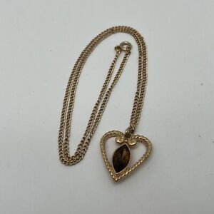 VTG Avon Gold Tone Open Heart Pendant Necklace Amber Brown Rhinestone 6772