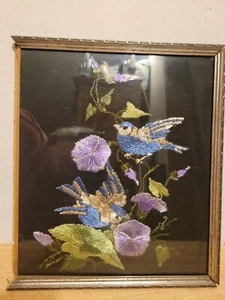 Superb Antique Birds &Flowers Folk Art Tinsel Foil Reverse Artwork - Picture 1 of 17