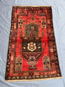 Vintage Afghan Floral Pot Rug 2'5 x 4'0 – Hand Knotted Wool Pictorial Carpet - Picture 1 of 9