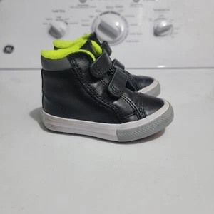 Converse 769332C Black Leather Hook & Loop Mid Top Sneakers Shoes Boys 5 - Picture 1 of 9