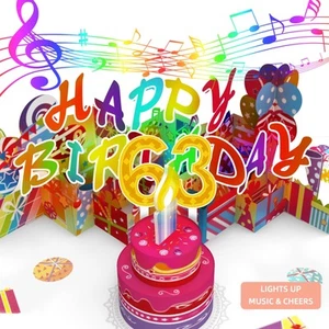 63RD Biglietto PopUp Compleanno Musicale, Candela Luce Colorata Soffiabile Carte 3D con... - Foto 1 di 8