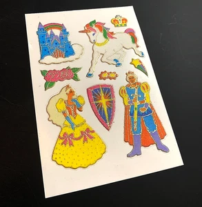 UNICORN PRINCESS CASTLE FAIRYTALE vintage FUZZY FLOCKING puffy foil sticker - Picture 1 of 6
