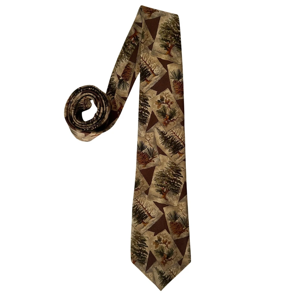 Oscar De La Renta Mens Silk Necktie Wood Cream Brown Tie Trees Nature Forestry - Image 1 of 4