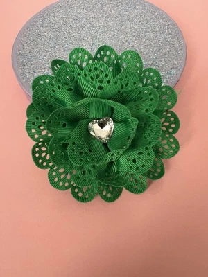 Hair Clip- Summer Soiree- Green - Chiffon Flower Rhinestone Clip 4” - Image 1 of 2