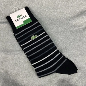 Lacoste Pair Socks Mens Crew Black Gray Striped Green Crocodile Logo - Picture 1 of 4