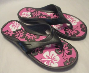 Sand & Sun Damen 5-6 schwarz, pink & weiß Hibiskus Blumen Flip Flop Sandalen - Bild 1 von 5