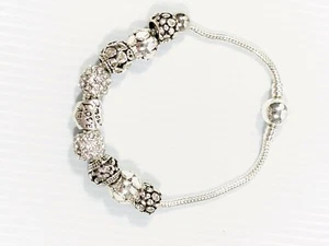 Silver Tone Love Amore Crystal White Flower Slide Charm Bracelet 8 inches - Picture 1 of 7