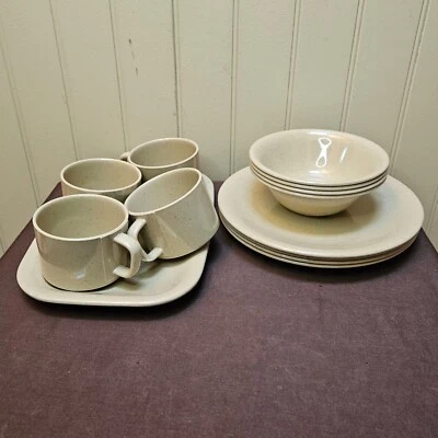 Melamine Tan Speckled Dinnerware; 4ea Plates, Bowls, Coffee Cups & 1 Platter - Image 1 of 4