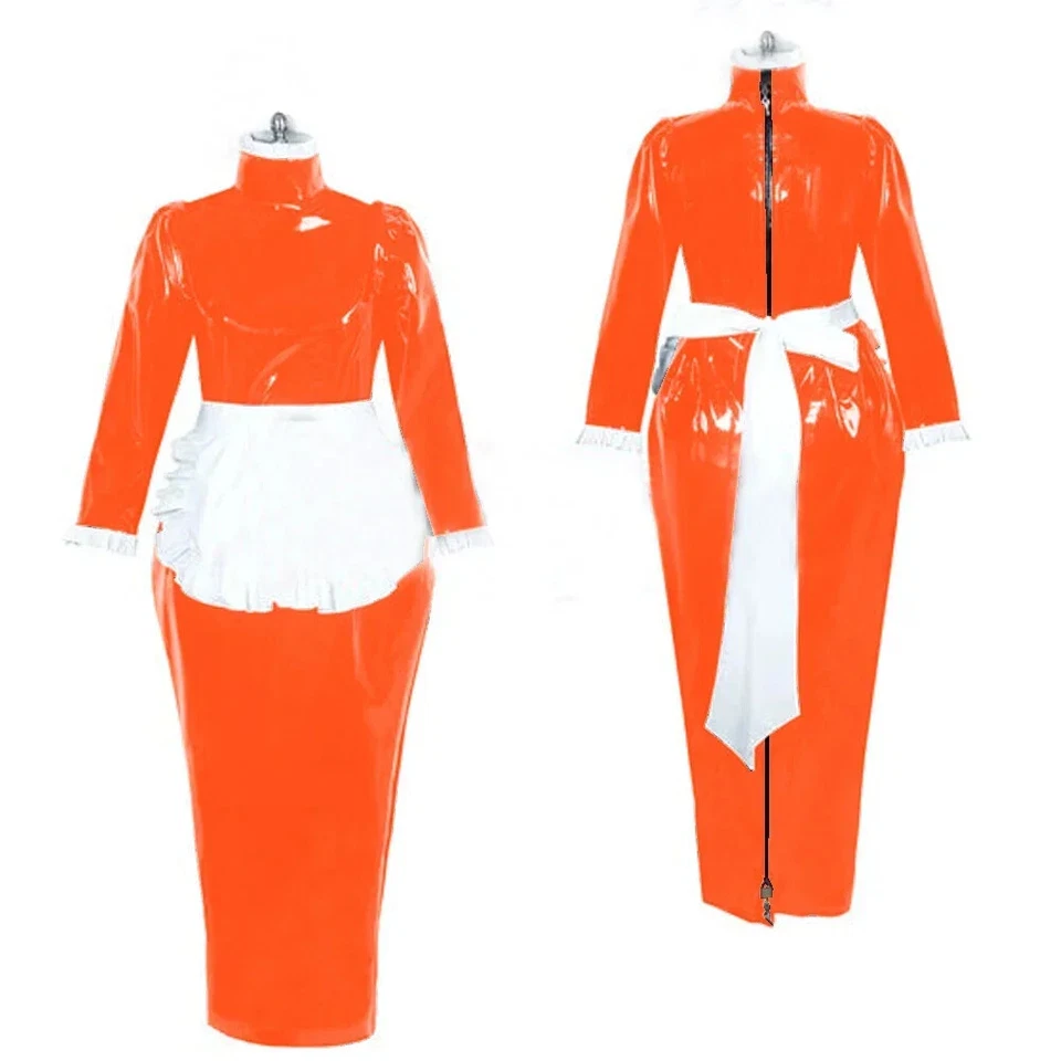 Long Sleeve Ankle-length Hobble Dress Vinyl PVC Leather Maid Uniform with Apron  - Image 1 of 4