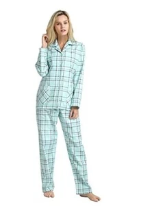 Women's Flannel Pajamas Set 100% Cotton PJs for Women Large Light Green Plaid - Picture 1 of 7