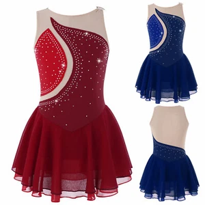 Mädchen Eiskunstlauf Kleid Ärmellos Ballettkleid mit Strass Rollschuh Tanzkleid - Picture 1 of 92